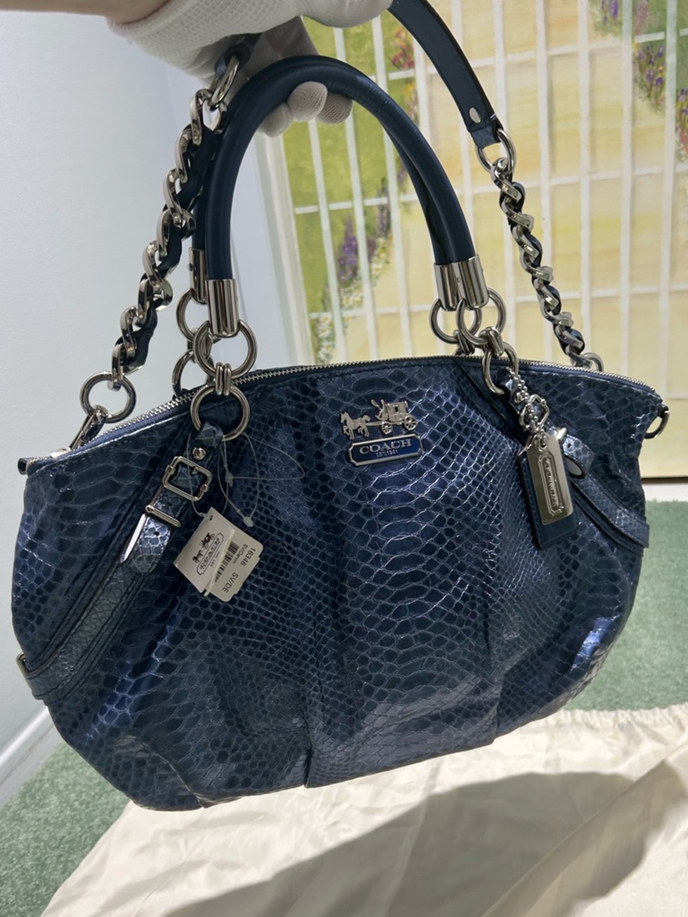 NWT Coach Madison Sophia Python Embossed Leather Metallic Blue Satchel 17x10x5